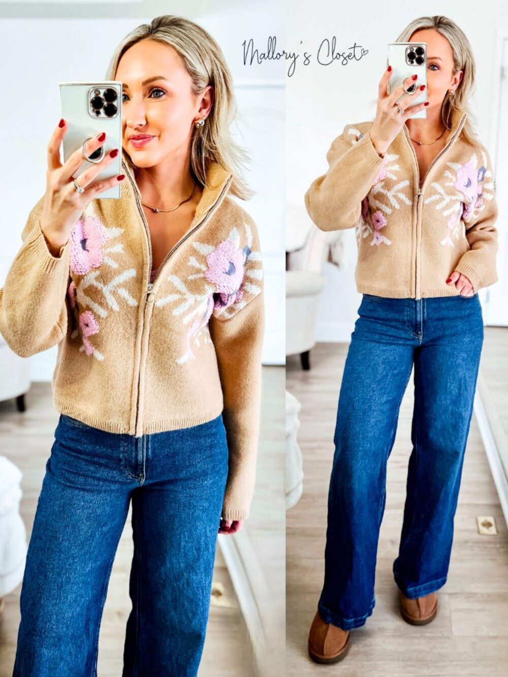 Cameron Floral Zip Up Sweater Cardigan | Women's Winter Taupe Top